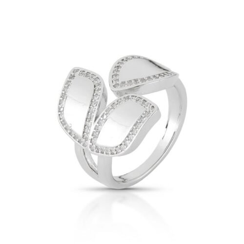 Anel Trio de Folhas Prateado com Cravação em Zircônias - Ajustável