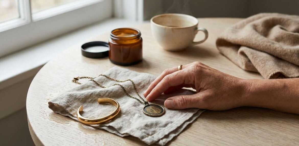 Editorial lifestyle conceitual, fotografia sofisticada e realista. Cena próxima a uma janela com luz natural lateral. Em uma mesa clara, uma composição visual de contraste: uma semijoia dourada parcialmente escurecida repousa sobre um pano claro levemente úmido, enquanto ao lado há uma semijoia dourada ainda brilhante. As duas peças estão próximas, criando um contraste visível entre brilho e oxidação. Uma mulher adulta aparece apenas parcialmente na cena (mãos e parte do tronco), sem protagonismo no rosto. Uma de suas mãos toca levemente a semijoia escurecida, como quem acabou de usar ou acabou de retirá-la. Na mesa também há sinais sutis de vida real: um frasco de cosmético aberto, uma xícara, vapor suave, um anel deixado de lado, um tecido usado. A atmosfera deve sugerir passagem de tempo, rotina, uso, transformação e interação com o ambiente. Nada deve parecer novo demais. Tudo deve parecer vivido, real, elegante. Paleta neutra quente, luz suave, sombras orgânicas, textura de pele, metal e tecido visíveis. Fundo clean, desfocado. Estilo fotografia editorial de revista de luxo contemporânea, storytelling visual, alta resolução. A imagem deve comunicar sem palavras: ‘matéria viva, tempo, uso, transformação, cuidado’. Sem textos, sem marcas, sem logos.