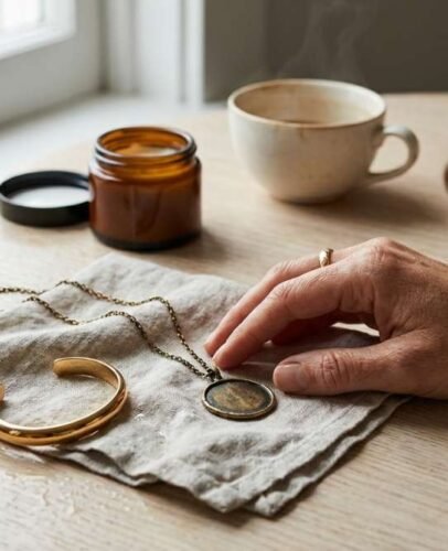 Editorial lifestyle conceitual, fotografia sofisticada e realista. Cena próxima a uma janela com luz natural lateral. Em uma mesa clara, uma composição visual de contraste: uma semijoia dourada parcialmente escurecida repousa sobre um pano claro levemente úmido, enquanto ao lado há uma semijoia dourada ainda brilhante. As duas peças estão próximas, criando um contraste visível entre brilho e oxidação. Uma mulher adulta aparece apenas parcialmente na cena (mãos e parte do tronco), sem protagonismo no rosto. Uma de suas mãos toca levemente a semijoia escurecida, como quem acabou de usar ou acabou de retirá-la. Na mesa também há sinais sutis de vida real: um frasco de cosmético aberto, uma xícara, vapor suave, um anel deixado de lado, um tecido usado. A atmosfera deve sugerir passagem de tempo, rotina, uso, transformação e interação com o ambiente. Nada deve parecer novo demais. Tudo deve parecer vivido, real, elegante. Paleta neutra quente, luz suave, sombras orgânicas, textura de pele, metal e tecido visíveis. Fundo clean, desfocado. Estilo fotografia editorial de revista de luxo contemporânea, storytelling visual, alta resolução. A imagem deve comunicar sem palavras: ‘matéria viva, tempo, uso, transformação, cuidado’. Sem textos, sem marcas, sem logos.
