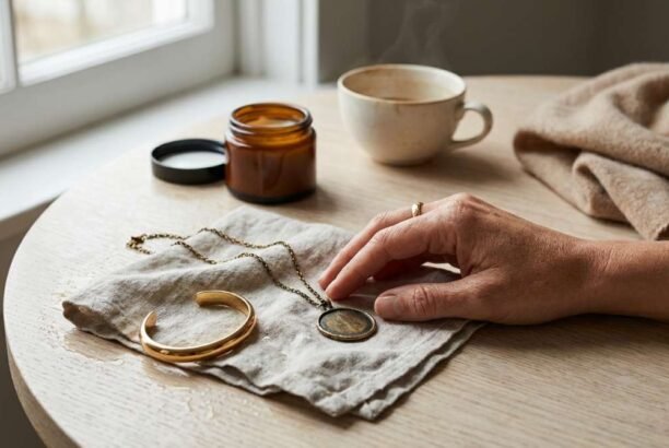 Editorial lifestyle conceitual, fotografia sofisticada e realista. Cena próxima a uma janela com luz natural lateral. Em uma mesa clara, uma composição visual de contraste: uma semijoia dourada parcialmente escurecida repousa sobre um pano claro levemente úmido, enquanto ao lado há uma semijoia dourada ainda brilhante. As duas peças estão próximas, criando um contraste visível entre brilho e oxidação. Uma mulher adulta aparece apenas parcialmente na cena (mãos e parte do tronco), sem protagonismo no rosto. Uma de suas mãos toca levemente a semijoia escurecida, como quem acabou de usar ou acabou de retirá-la. Na mesa também há sinais sutis de vida real: um frasco de cosmético aberto, uma xícara, vapor suave, um anel deixado de lado, um tecido usado. A atmosfera deve sugerir passagem de tempo, rotina, uso, transformação e interação com o ambiente. Nada deve parecer novo demais. Tudo deve parecer vivido, real, elegante. Paleta neutra quente, luz suave, sombras orgânicas, textura de pele, metal e tecido visíveis. Fundo clean, desfocado. Estilo fotografia editorial de revista de luxo contemporânea, storytelling visual, alta resolução. A imagem deve comunicar sem palavras: ‘matéria viva, tempo, uso, transformação, cuidado’. Sem textos, sem marcas, sem logos.