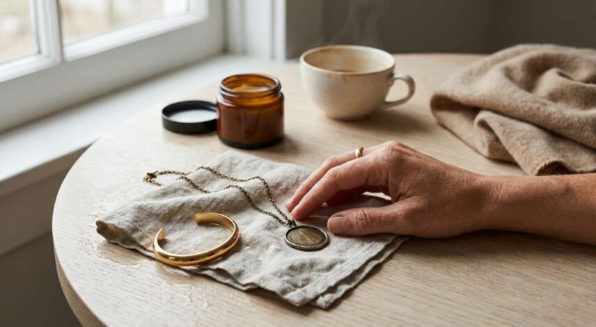 Sua semijoia escureceu? A ph da sua pele pode ser a culpada Editorial lifestyle conceitual, fotografia sofisticada e realista. Cena próxima a uma janela com luz natural lateral. Em uma mesa clara, uma composição visual de contraste: uma semijoia dourada parcialmente escurecida repousa sobre um pano claro levemente úmido, enquanto ao lado há uma semijoia dourada ainda brilhante. As duas peças estão próximas, criando um contraste visível entre brilho e oxidação. Uma mulher adulta aparece apenas parcialmente na cena (mãos e parte do tronco), sem protagonismo no rosto. Uma de suas mãos toca levemente a semijoia escurecida, como quem acabou de usar ou acabou de retirá-la. Na mesa também há sinais sutis de vida real: um frasco de cosmético aberto, uma xícara, vapor suave, um anel deixado de lado, um tecido usado. A atmosfera deve sugerir passagem de tempo, rotina, uso, transformação e interação com o ambiente. Nada deve parecer novo demais. Tudo deve parecer vivido, real, elegante. Paleta neutra quente, luz suave, sombras orgânicas, textura de pele, metal e tecido visíveis. Fundo clean, desfocado. Estilo fotografia editorial de revista de luxo contemporânea, storytelling visual, alta resolução. A imagem deve comunicar sem palavras: ‘matéria viva, tempo, uso, transformação, cuidado’. Sem textos, sem marcas, sem logos.